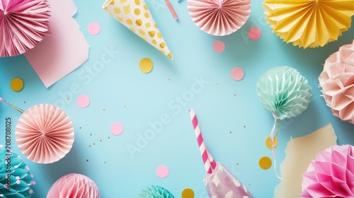 Birthday background with paper party hats and confetti. AI generated