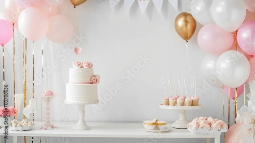 wedding cake and cupcakes on a white table with balloons. AI generated