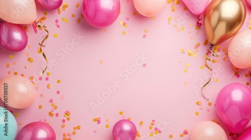 Valentine's Day background with pink and golden balloons and confetti on pink. AI generated
