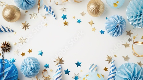 Creative Top view flat lay of blue and gold christmas decorations on white background. Minimal New Year or Christmas holiday concept. Template mock up greeting card design. AI generated
