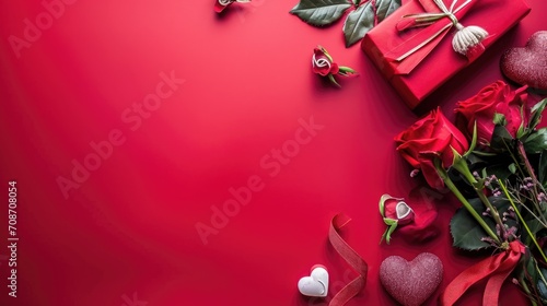 Valentine's day background with red gift box and roses on red background. AI generated