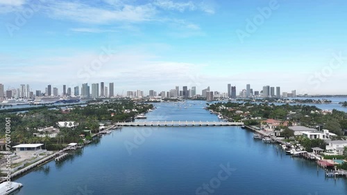 Wallpaper Mural Aerial video of Miami, Florida, city skyline. Moving over water. January 2024, USA. Torontodigital.ca