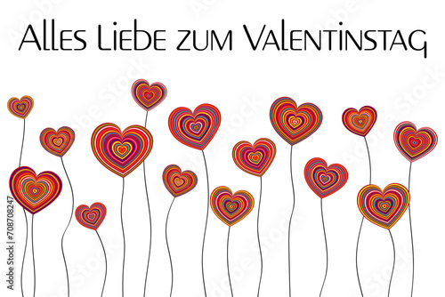 Alles Liebe zum Valentinstag - Schriftzug in deutscher Sprache. Grußkarte mit bunten Herzblumen.