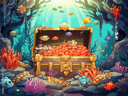 Vector drawing of a chest with gold coins, 
treasures and sapphires 
on ocean floor under water with tropical fish
at the coral reef. Algae, corals and sea 
anemones on the seabed. Pirate chest.
