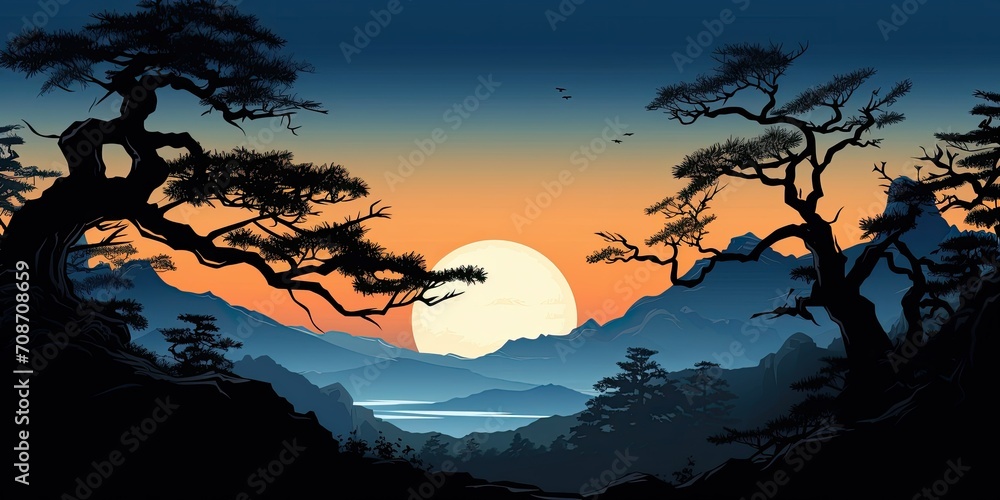 a picturesque scene with the silhouette of trees and bushes against a majestic 