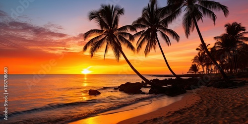 a beautiful beach at sunset  with palm trees creating striking silhouettes against the warm hues of the evening sky 