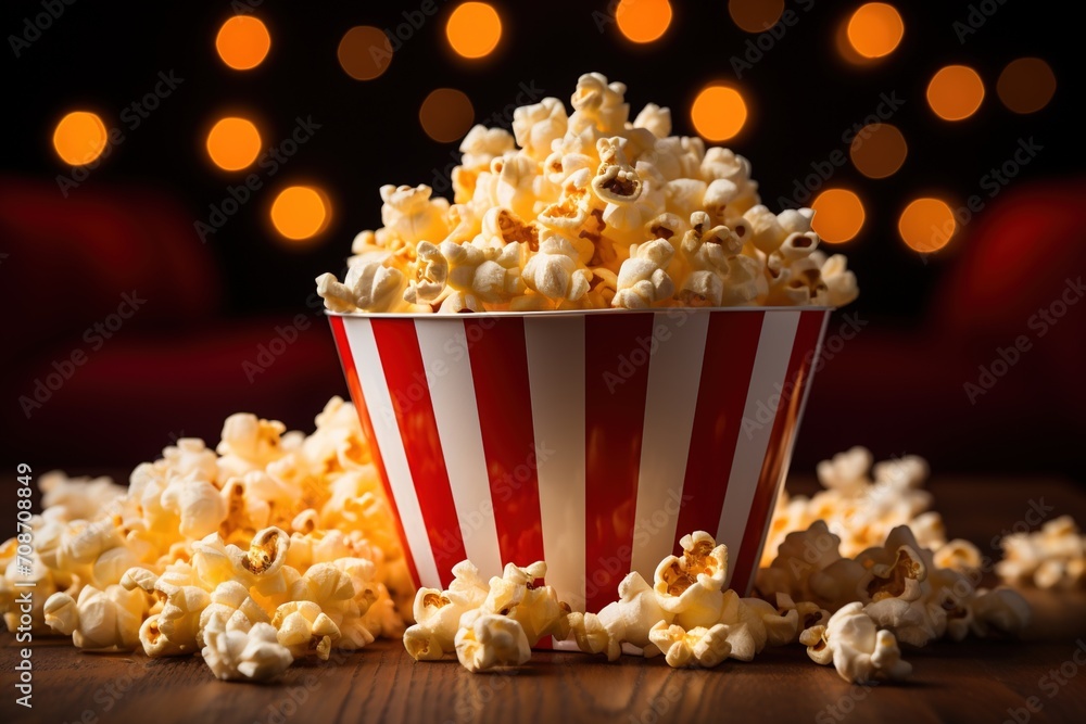 A red and white striped bucket of popcorn with a black background A red and white striped bucket of popcorn with a black background