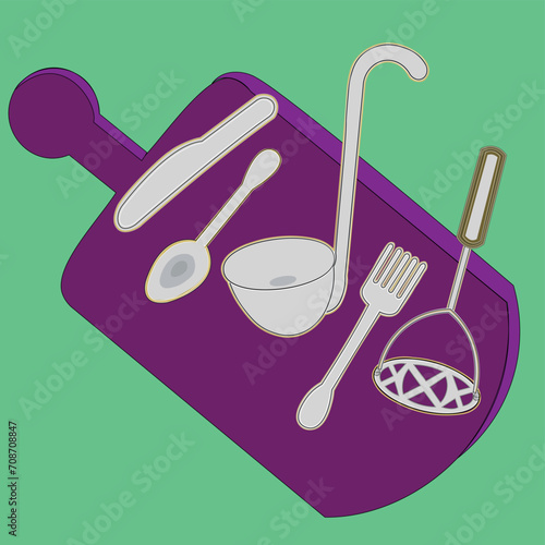 The dishes lie on the cutting board. The kitchen set consists of a knife, fork, spoon, ladle, masher and countertop.