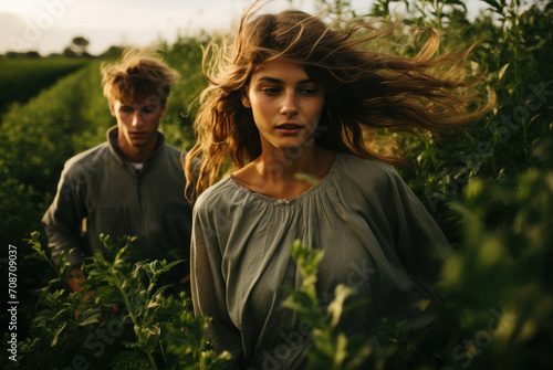 Romantical story young man and woman in green garden