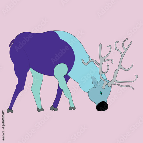Beautiful deer, side view. The animal has horns, a head, a head, a torso, a tail, ears, a nose and eyes.