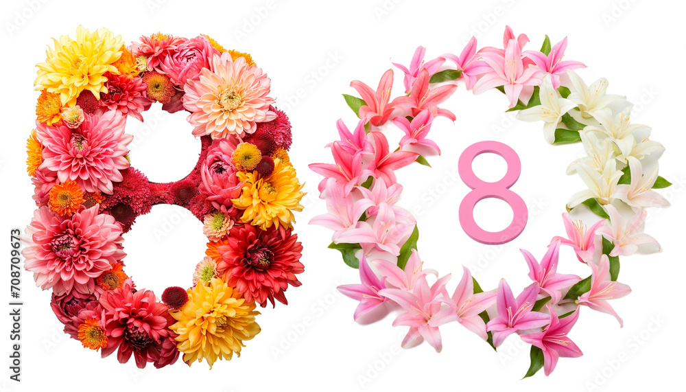 The number 8 is made of beautiful flowers isolated on a transparent background. The figure is 8 for the 8th of March. Women's Day. Clipart The number 8 is made of beautiful flowers isolated on a transparent background. The figure is 8 for the 8th of March. Women's Day. Clipart