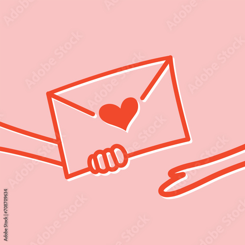 giving love letter envelope with heart and love message, hands receiving confession letter for Valentines day, pink and red combo, hand drawn vector illustration