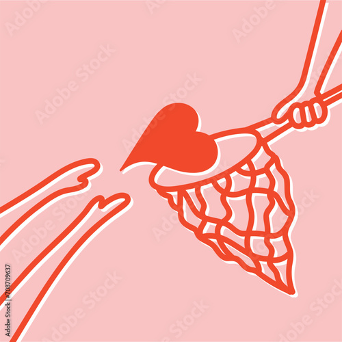 heart catching with butterfly net, catch, love hunt, trap, chase symbol, pink and red combo, hand drawn vector illustration