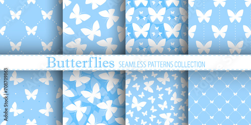 White butterflies on blue background. Vector seamless patterns collection. Best for textile, print, wallpapers, and wedding decoration.