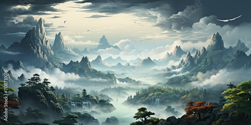 captivating scene evokes a sense of tranquility and mystery as the mountain peaks emerge through the soft veil of fog, 