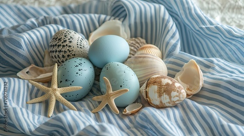 A nautical-themed Easter arrangement on a blue striped cloth. Sea-blue and sand-colored eggs are mixed with seashells and starfish.  photo