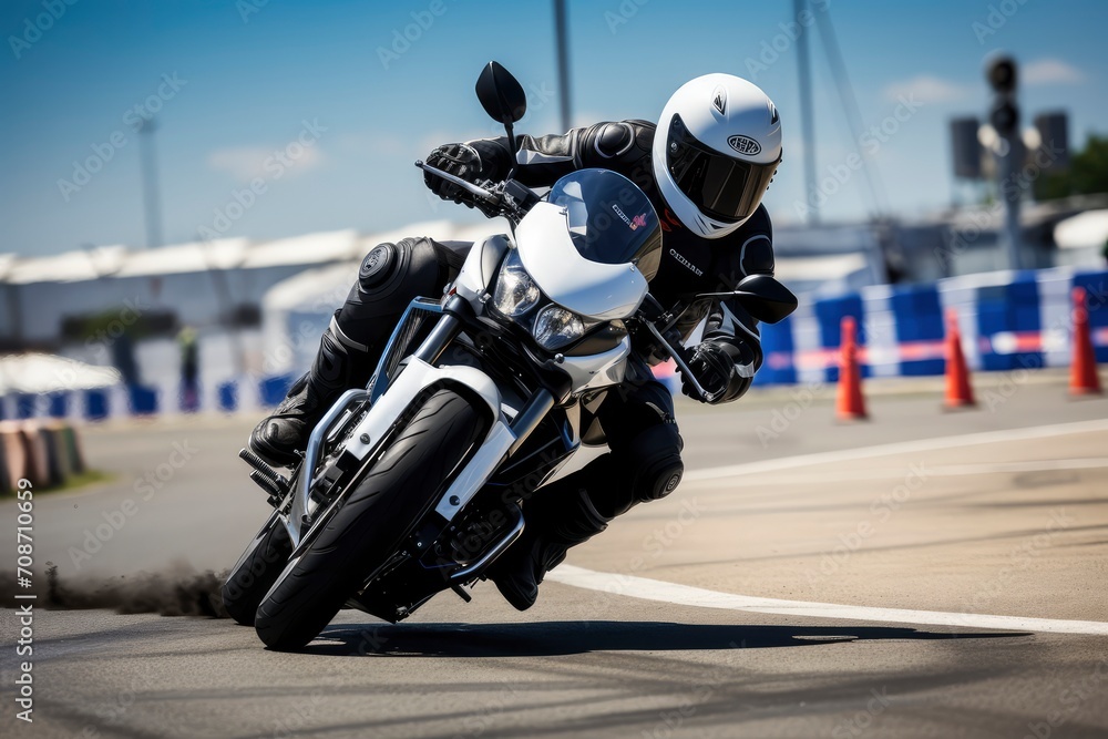 An adept motorcyclist clad in a full-body black suit and a white full-face helmet maneuvers a modern sport motorcycle around a track corner with precision