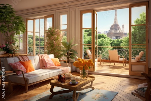 Living room with large French windows overlooking the garden, summer time, cozy living room in pastel colors © serz72