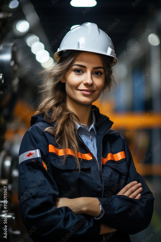 Portrait of a female engineer wearing a hard hat in a factory Portrait of a female engineer wearing a hard hat in a factory