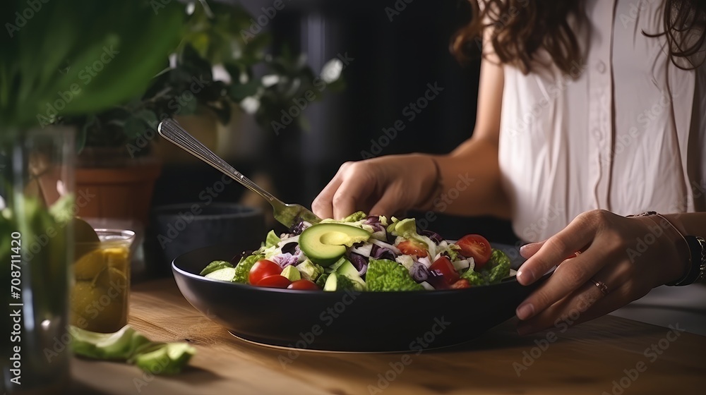 Soft hands lovingly hold a plate of fresh herb salad, a reminder that health and nourishment go hand in hand.