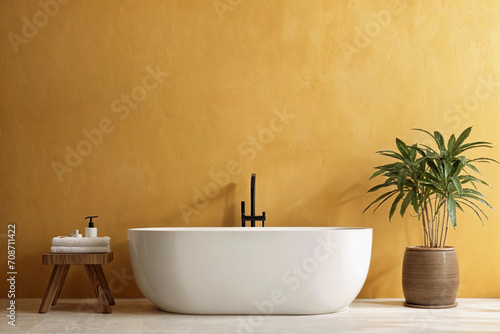 Modern bathroom interior with white tub  table and plants. Empty cinnamon yellow wall for mockup. Promotion background.