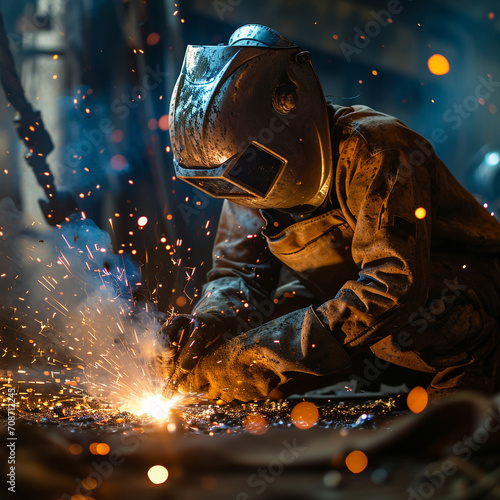 worker in a production facility who welds metal components together photo
