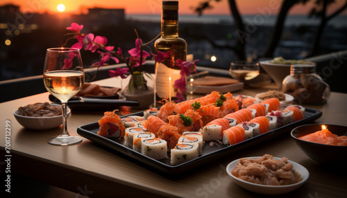 Gourmet seafood meal on wood table, fresh fish at sunset generated by AI