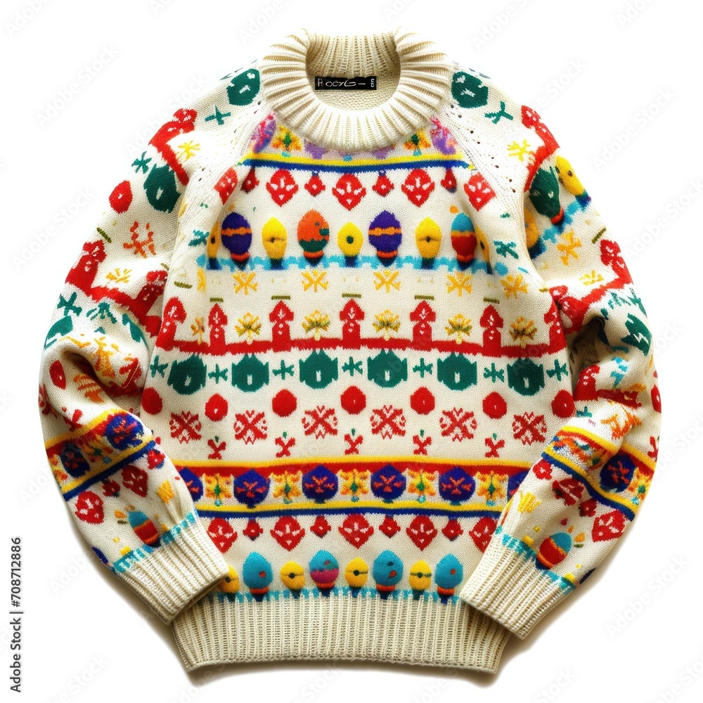 Holiday-inspired sweater with a colorful pattern of eggs and traditional motifs, blending warmth with celebration.