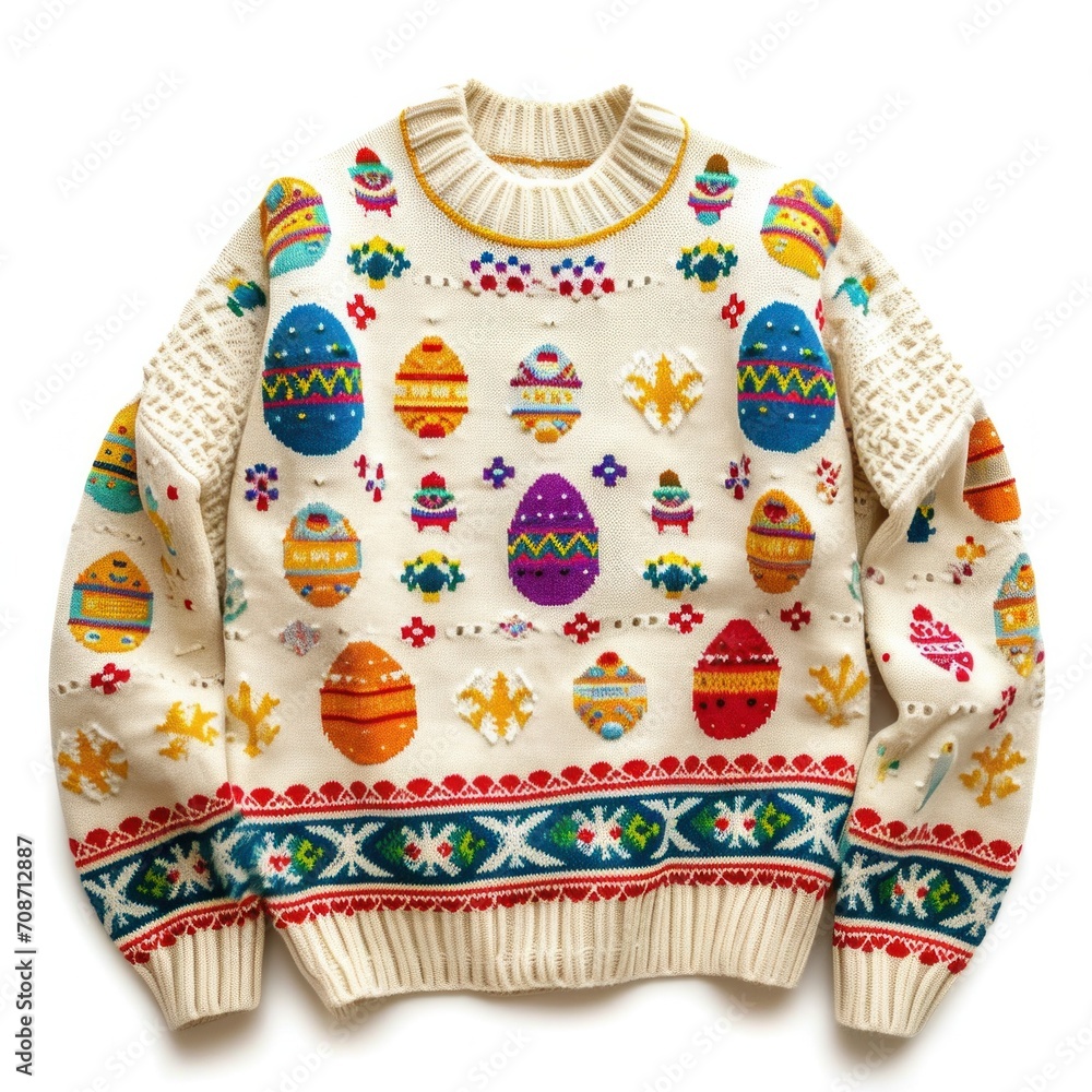 Festive sweater with a delightful array of Easter eggs and intricate patterns, ideal for holiday celebrations.