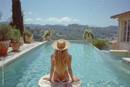 Beautiful women sat around a pool in the south of France in a retro vintage style © miketea88