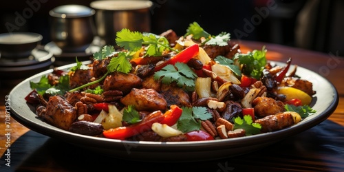 plate of Chicken Kung Pao  featuring golden-fried chicken pieces mixed with cashew nuts and peppers. 