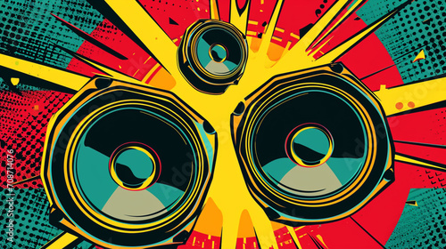 Wow pop art party sound system. Vector colorful background in pop art retro comic style.