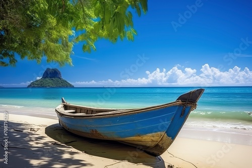 An old blue boat rests on a sandy beach with lush green foliage overhead  and a distinctive island mountain in the background under a clear blue sky