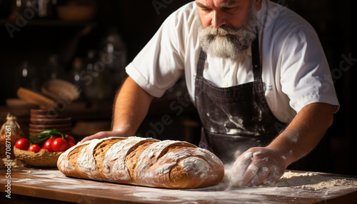 One man, homemade bread, kitchen, fresh ingredients, healthy meal generated by AI