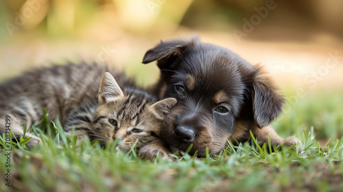 A peaceful scene of a puppy dog and a pussy cat sleeping together