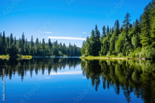 A serene lake surrounded by dense evergreen forests under a clear blue sky, with the trees perfectly reflected on the calm water surface