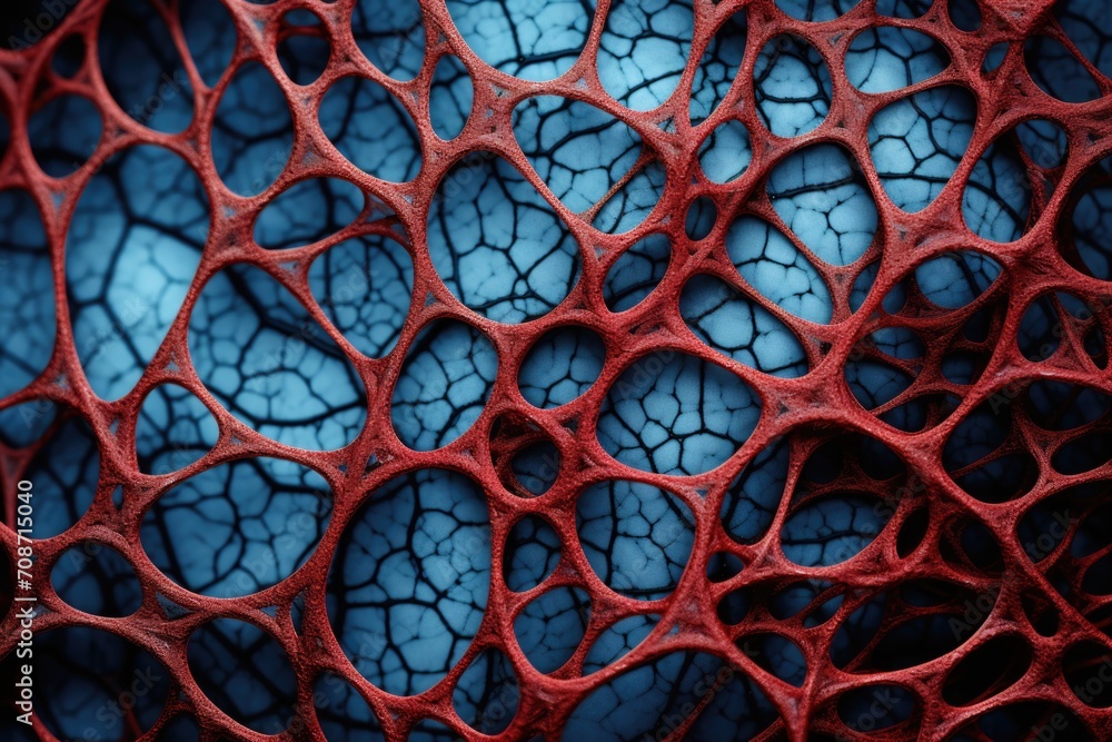 Witness the fusion of abstraction and biology in this captivating photo, where lines and shapes echo the intricacies of cellular structures, painted in a vibrant palette of reds and blues