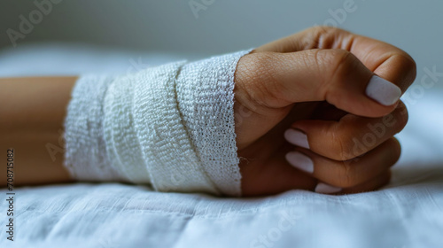 A bandaged hand rests on a bed  representing care and recovery in personal health.