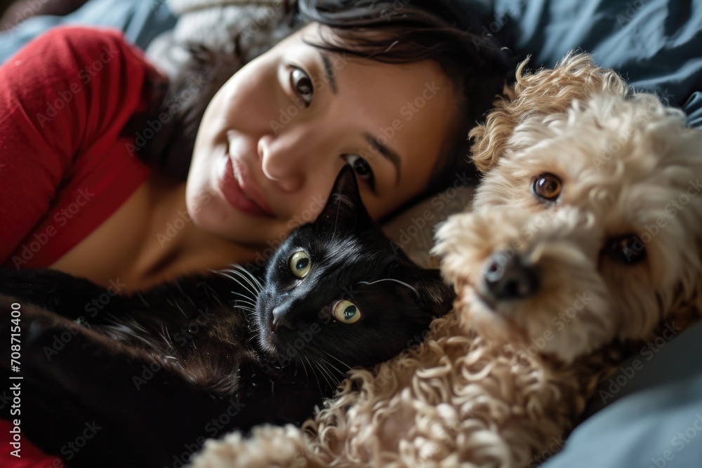 Lovingly surrounded: A woman smiles while holding her black cat and being embraced by her curly-haired dog in a cozy home environment Lovingly surrounded: A woman smiles while holding her black cat and being embraced by her curly-haired dog in a cozy home environment