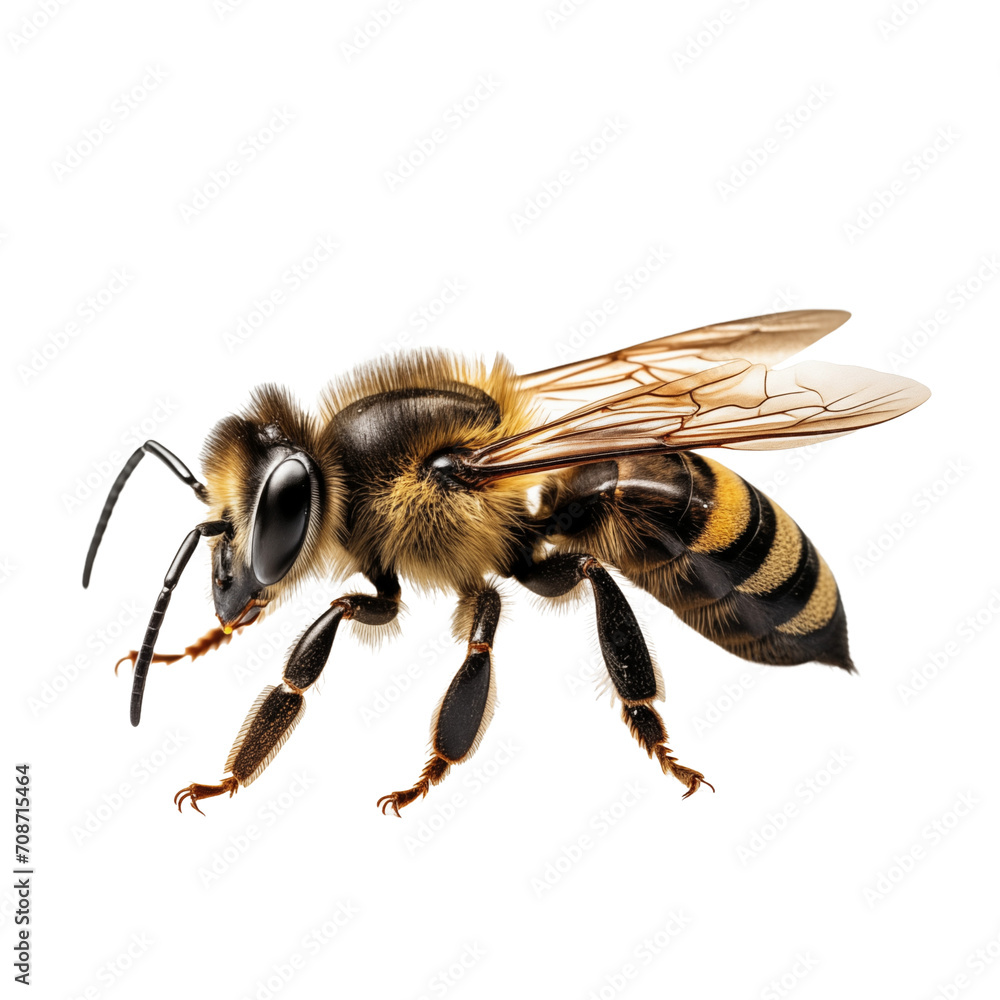 Close up of bee isolated on transparent and white background. Generative ai Close up of bee isolated on transparent and white background. Generative ai