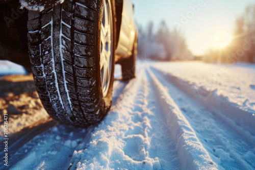 Car on snow road. Closeup of winter tires on snowy highway road © vejaa