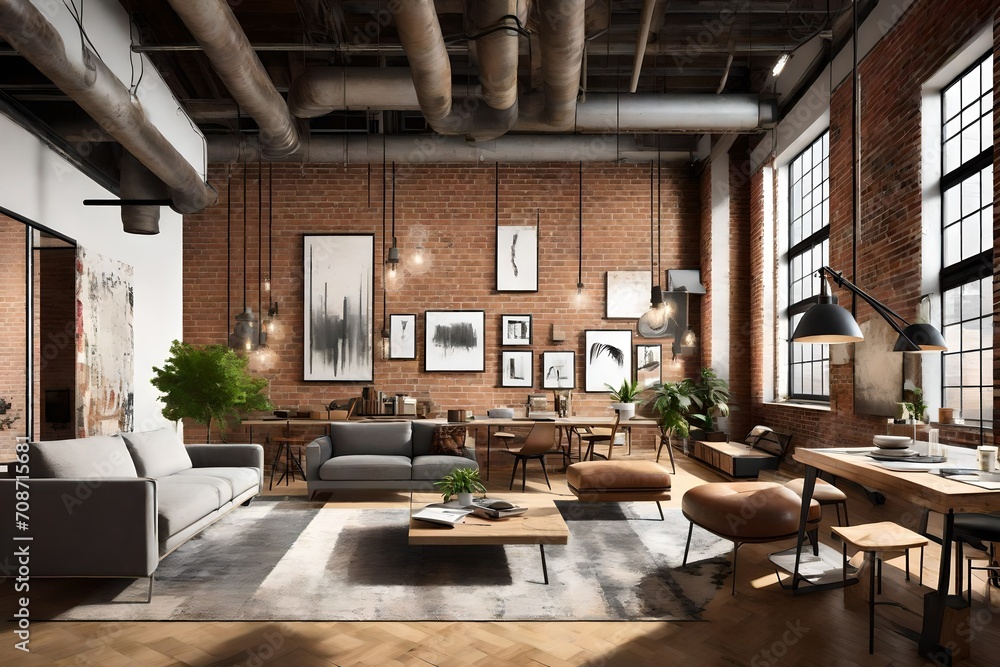 Fototapeta premium An urban loft apartment featuring brick walls, industrial lighting, and contemporary artwork.