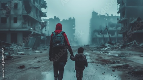 Hooded Figure and Child Walking in a War Cityscape