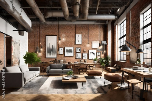 An urban loft apartment featuring  brick walls, industrial lighting, and contemporary artwork. © Hajaja