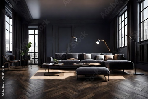 luxury studio apartment with a free layout in a loft style in dark colors. Stylish modern room area with wooden floor parquet