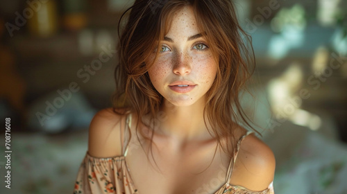 Brown-haired girl with a glamorous face and hairstyle