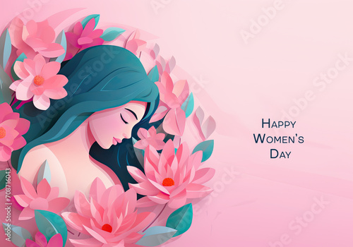 Happy Mother's day. Happy mother holding a cute child in papercut style on a pastel pink blue background. I love you mom. paper sculpture