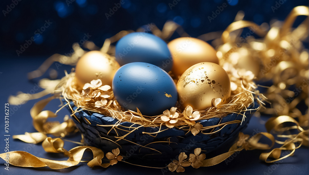 Fototapeta premium Beautiful golden Easter eggs on an old dark background template