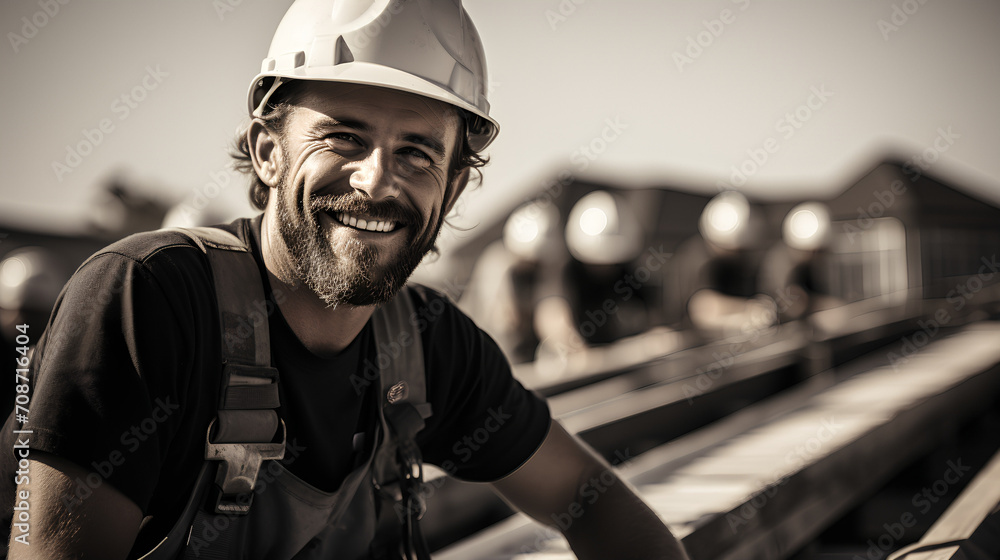 Construction worker - black and white - hard hat - smiling and confident Construction worker - black and white - hard hat - smiling and confident