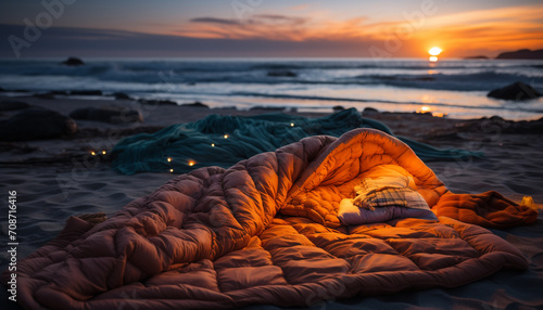 Tranquil sunset over the coastline, nature beauty in twilight generated by AI